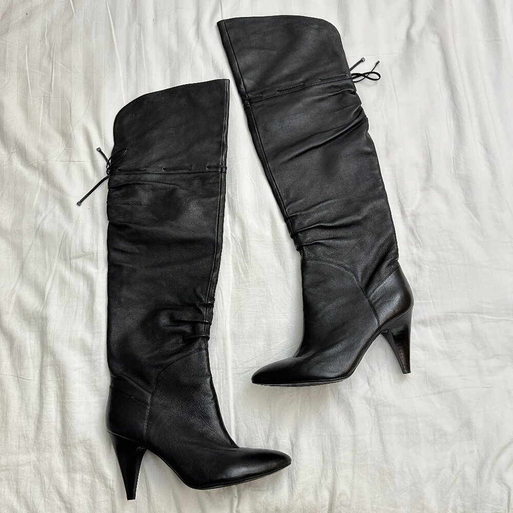 Guess Revenge Black Leather Pull On Over The Knee Heeled Boots